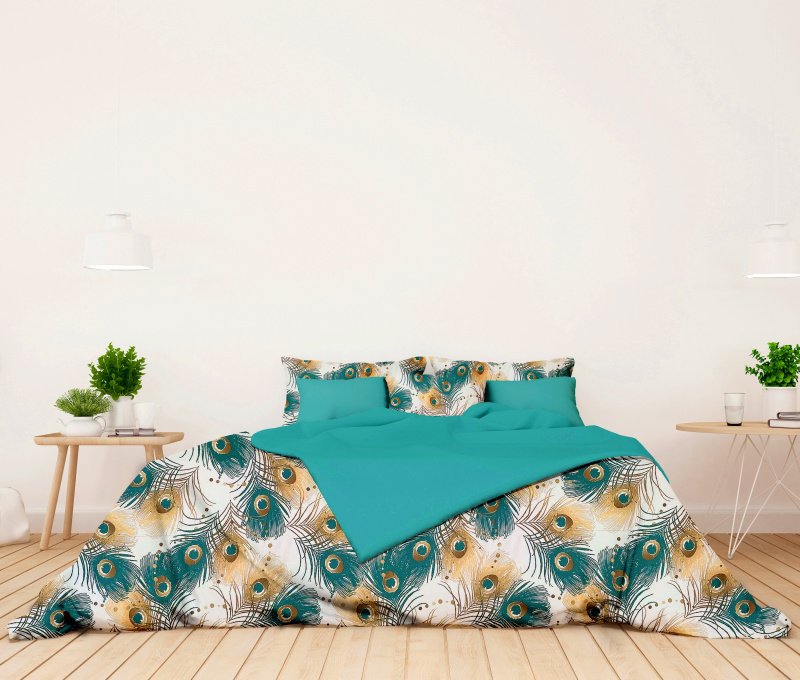 #Ervi bavlněné povlečení oboustranné -  tyrkysové peří/tyrkysové žihané 200x220cm