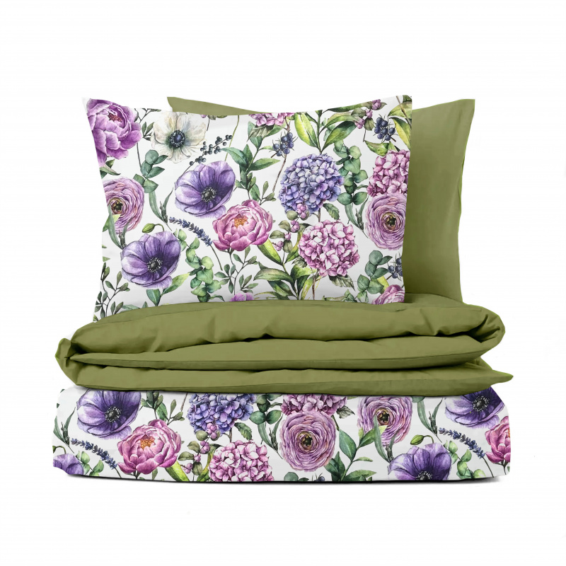 Ervi Bavlněné Saténové povlečení DELUXE DUO - Fialová zahrada/olivové
