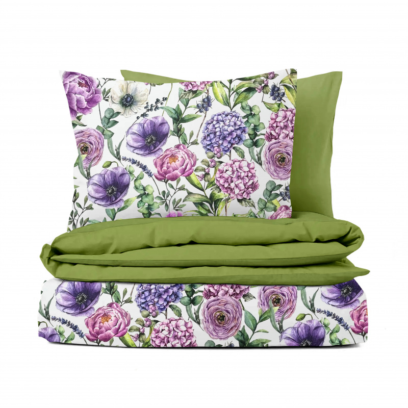 Ervi Bavlněné Saténové povlečení DELUXE DUO - Fialová zahrada/světle olivové