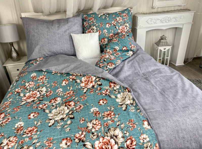 #Ervi bavlněné povlečení DUO - květy na tyrkysovém/šedé 140x200 cm