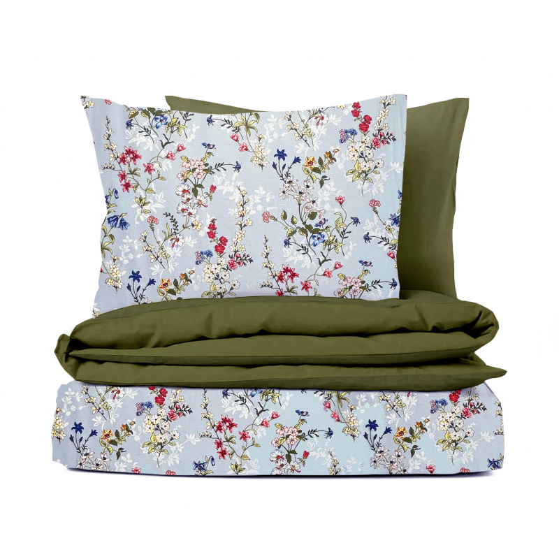 Ervi bavlněné povlečení oboustranné - malované luční květiny na modrém/olivové
