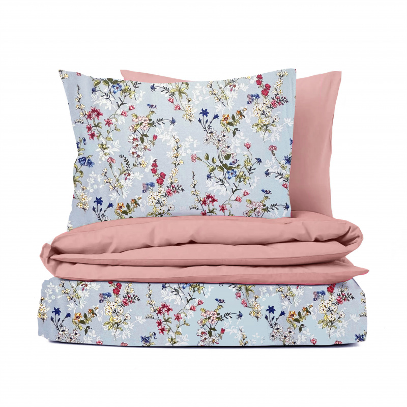 Ervi bavlněné povlečení oboustranné - malované luční květiny na modrém/růžové