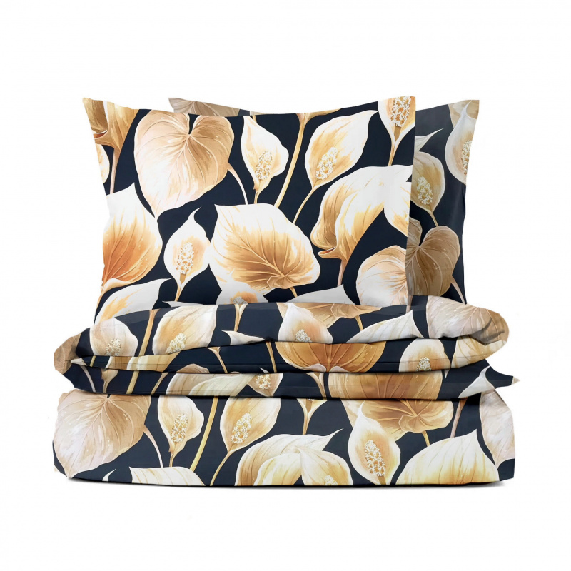 Ervi Bavlněné Saténové povlečení DELUXE - exotické zlaté listy