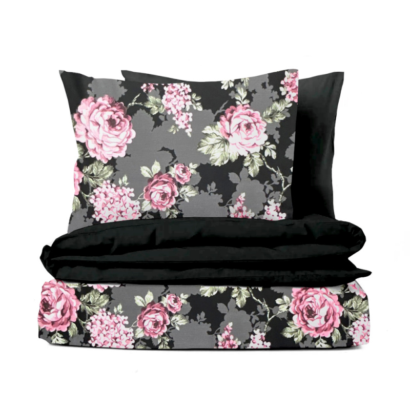#Ervi bavlněné povlečení oboustranné - Květy na černém/černé 220x240 cm