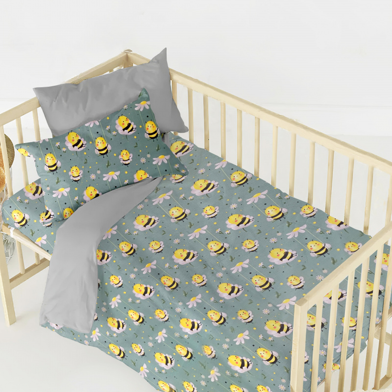 Ervi bavlněné povlečení do postýlky DUO - včely na zeleném/šedé