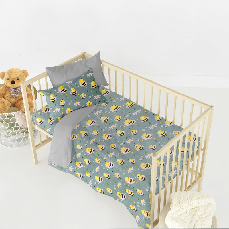 Ervi bavlněné povlečení do postýlky DUO - včely na zeleném/šedé