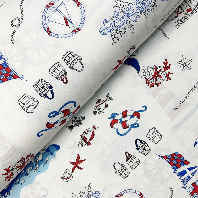 Ervi Bavlněná látka/plátno š.240cm - námořní motivy na bílém - 6463-01, metráž