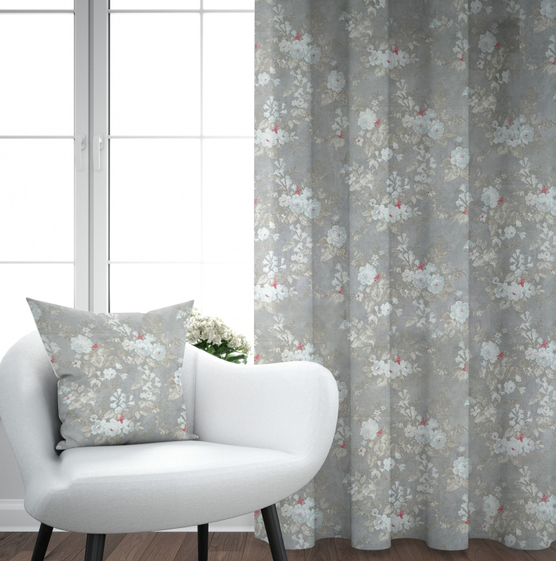 Ervi bavlněný závěs - bílé růže na šedém