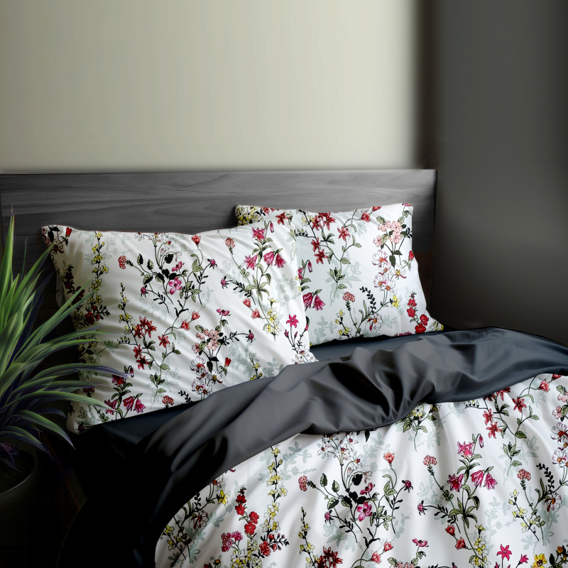 Ervi bavlněné povlečení oboustranné - malované luční květiny na bílém/šedé