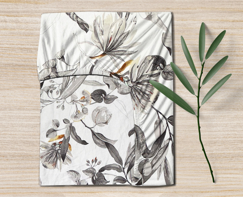 Ervi bavlněné napínací prostěradlo - kvetoucí eukalyptus šedý