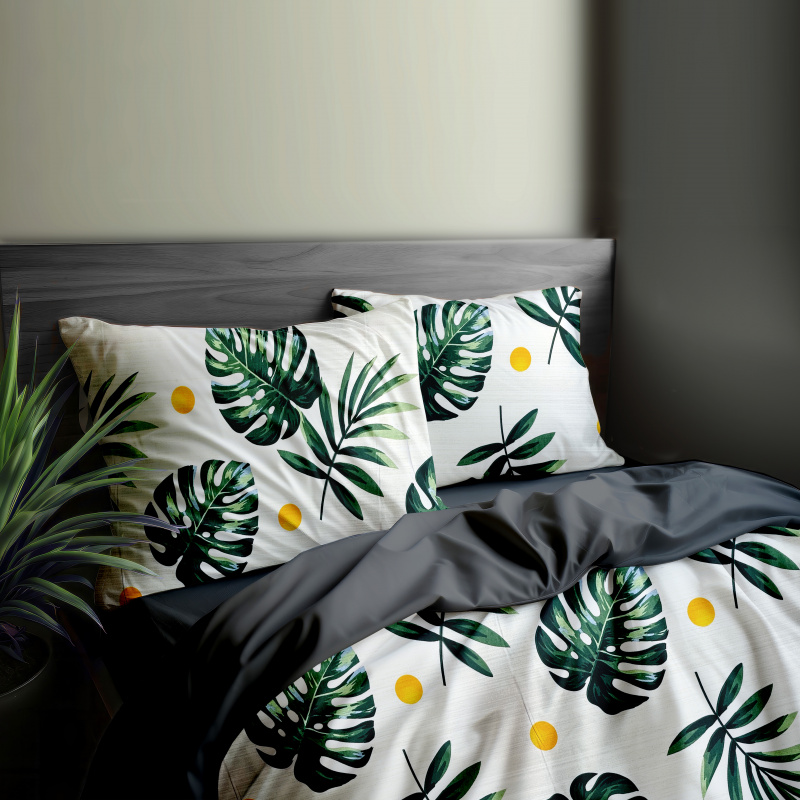 Ervi bavlněné povlečení oboustranné - listy monstery/tmavě šedé