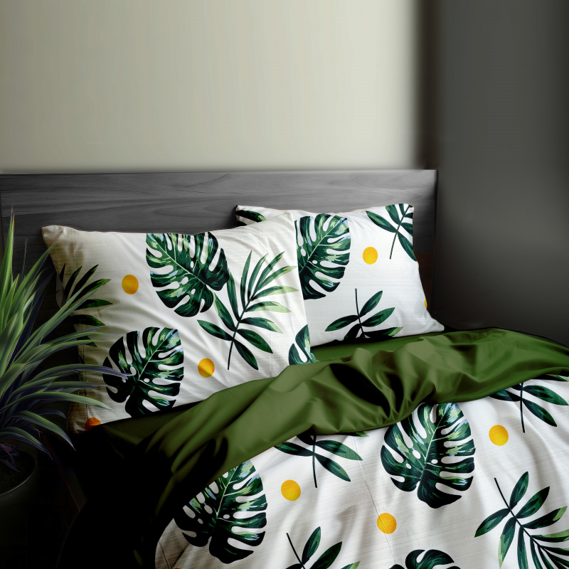 Ervi bavlněné povlečení oboustranné - listy monstery/olivové