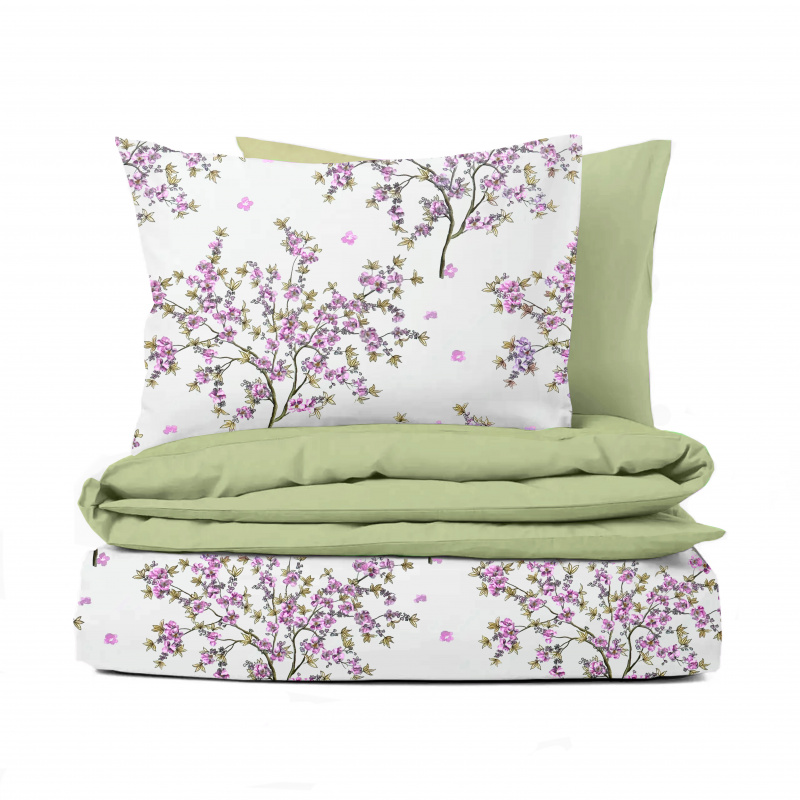 Ervi bavlněné povlečení oboustranné - kvetoucí růžový strom/světle olivové