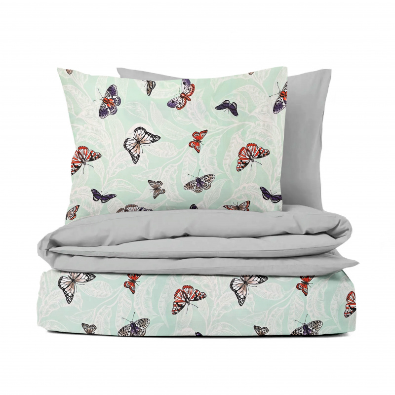 Ervi bavlněné povlečení oboustranné - motýli na tyrkysovém/světle šedé