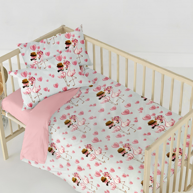 Ervi bavlněné povlečení do postýlky DUO - zamilovaní plameňáci/růžové