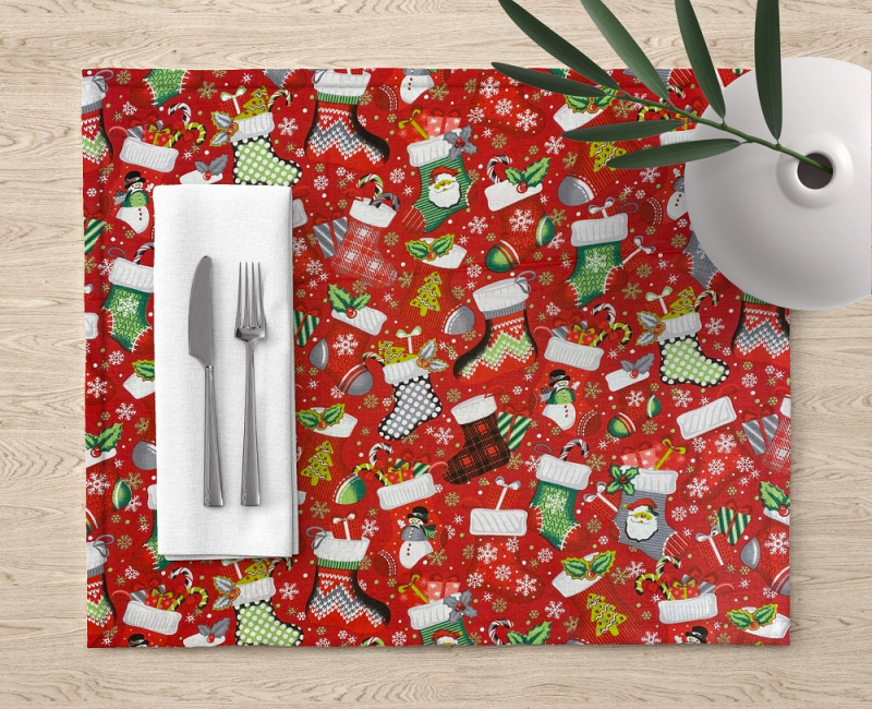 Ervi bavlněné prostírání na stůl - Vánoční ponožky červené
