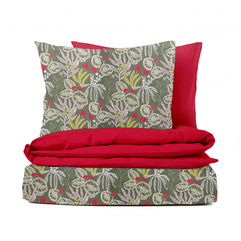 Ervi bavlněné povlečení oboustranné - rostliny na olivovém/červené