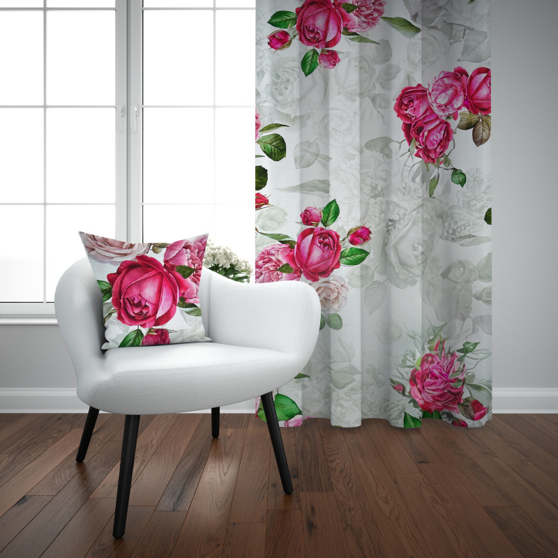 #Ervi Saténový závěs DELUXE - Růžové růže a pivoňky 140x160cm