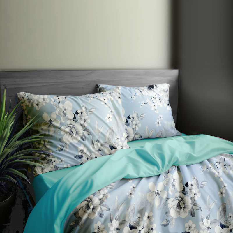 Ervi Bavlněné povlečení oboustranné - Malované květy na modrém