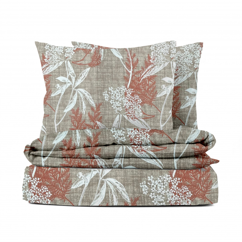 Ervi Bavlněné povlečení - oranžové a bílé listy na hnědém