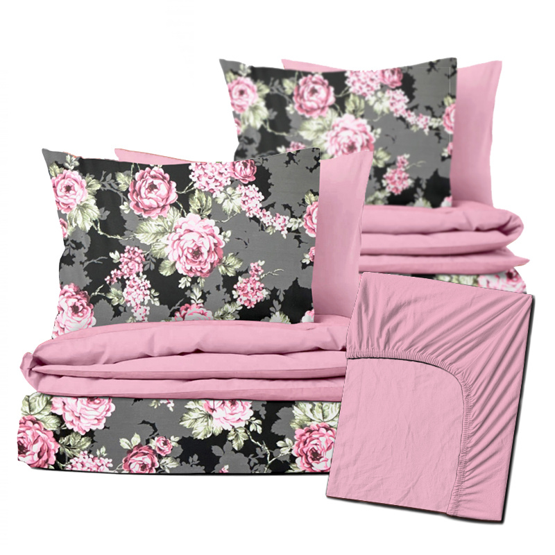 Ervi Zvýhodněná Sada Bavlněného DUO povlečení s Prostěradlem - Květy na černém/růžové