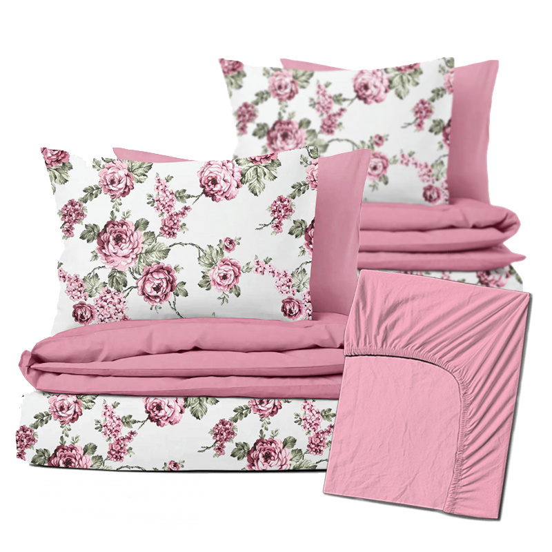 Ervi Zvýhodněná Sada Bavlněného DUO povlečení s Prostěradlem - růžové květy na bílém/růžové