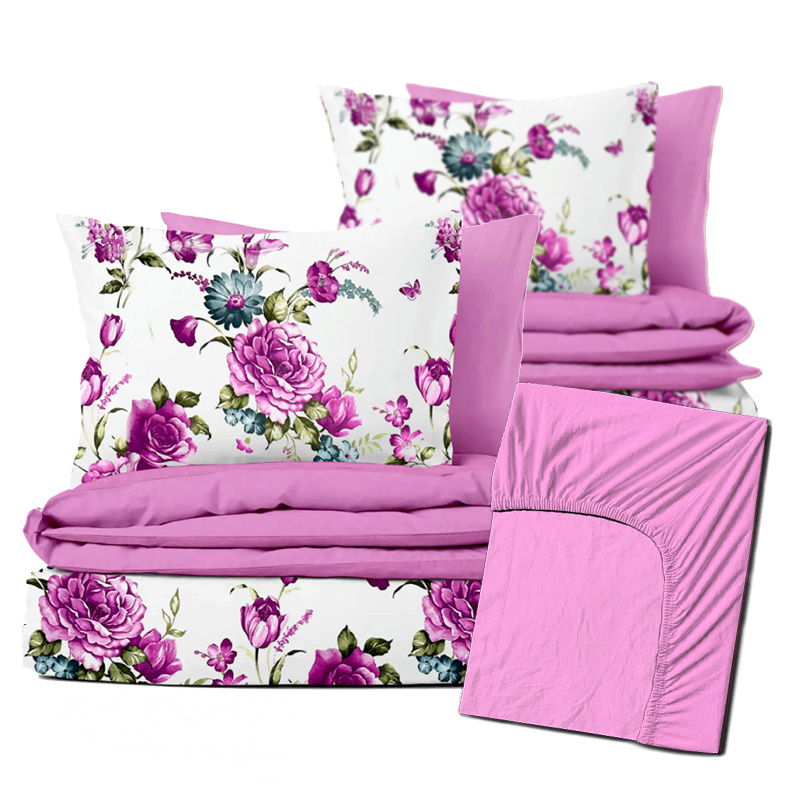 Ervi Zvýhodněná Sada Bavlněného DUO povlečení s Prostěradlem  - Fialové květy/růžové