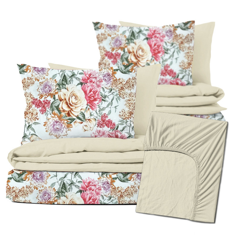 Ervi Zvýhodněná Sada Bavlněného DUO povlečení s Prostěradlem  - Květinová zahrada/béžové