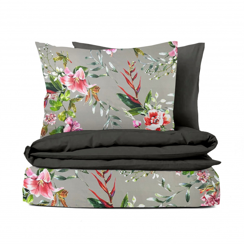 #Ervi Bavlněné Saténové povlečení DELUXE DUO - malované kvítí s lístky/šedé 140x200 cm