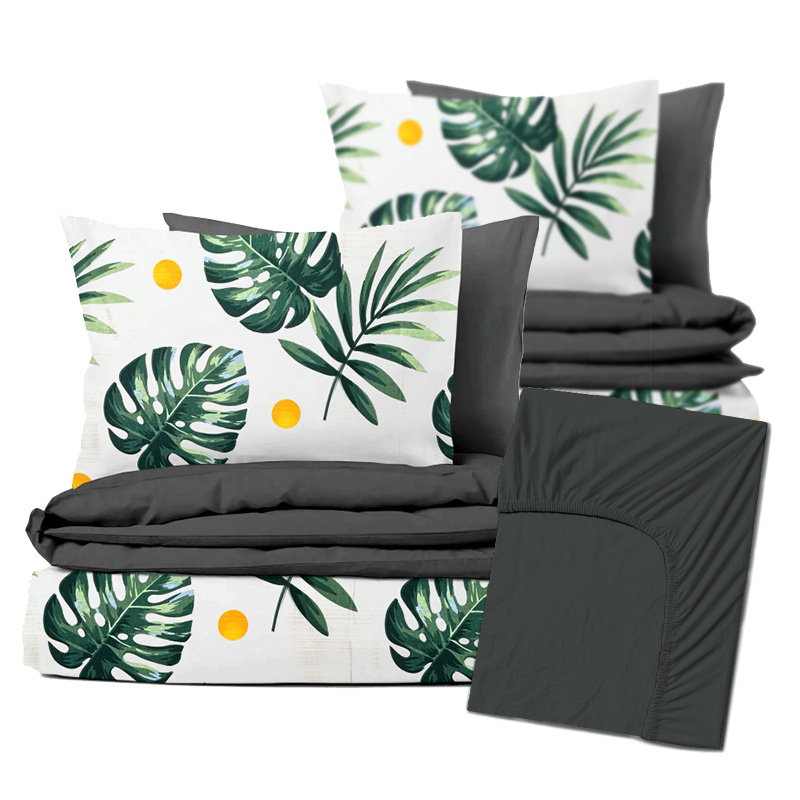 Ervi Zvýhodněná Sada Bavlněného DUO povlečení s Prostěradlem  - listy monstery/tmavě šedé