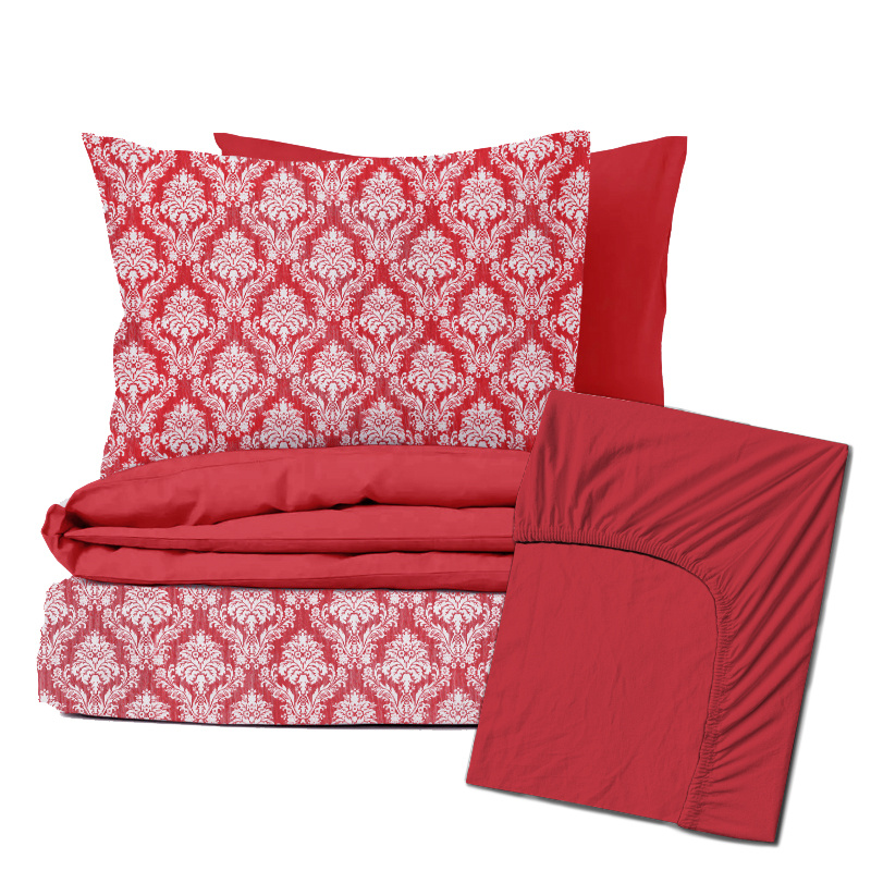 Ervi Zvýhodněná Sada Bavlněného DUO povlečení s Prostěradlem  - Zámecký vzor červený/červená