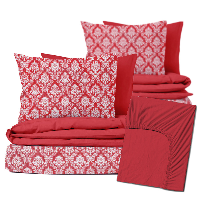 Ervi Zvýhodněná Sada Bavlněného DUO povlečení s Prostěradlem  - Zámecký vzor červený/červená