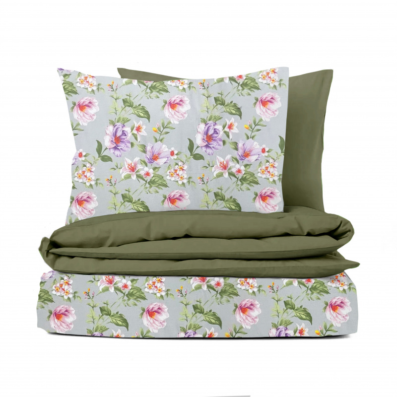Ervi Bavlněné povlečení oboustranné - Magnolia a lilia na šedém/olivové