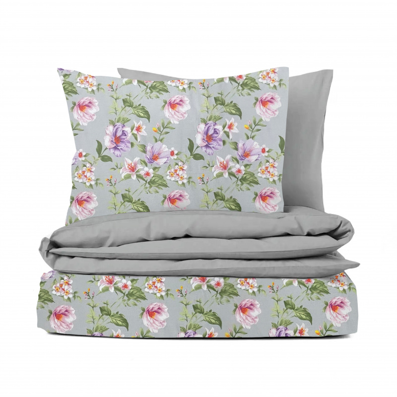 Ervi Bavlněné povlečení oboustranné - Magnolia a lilia na šedém/šedé