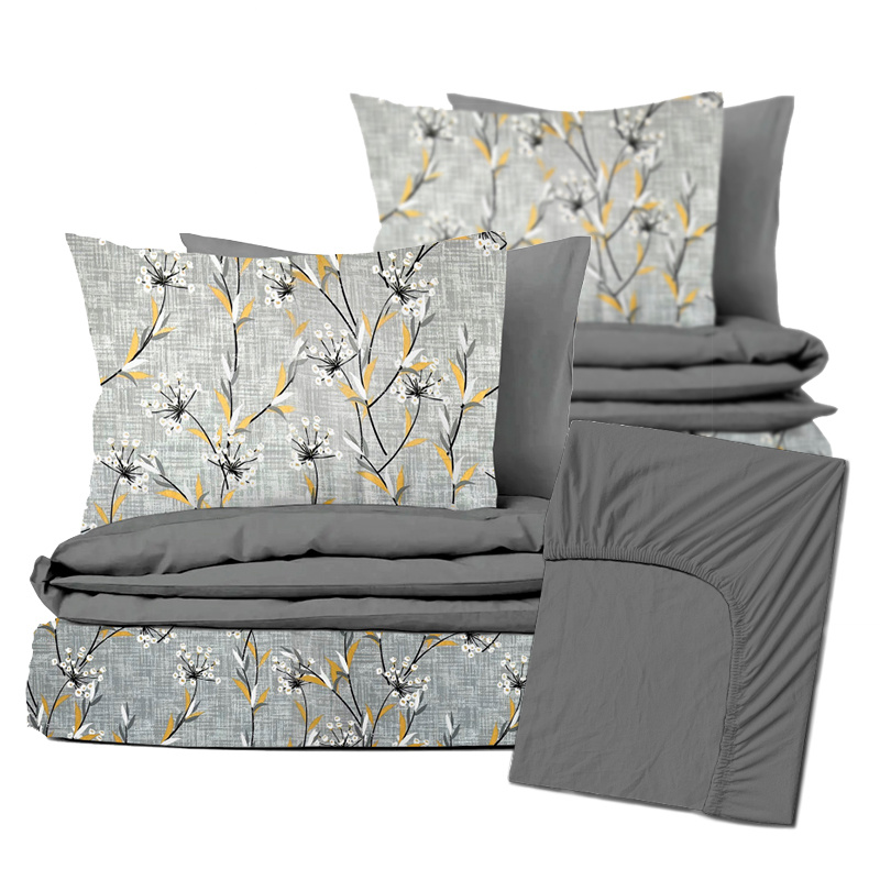 Ervi Zvýhodněná Sada Bavlněného DUO povlečení s Prostěradlem - luční květiny/šedé