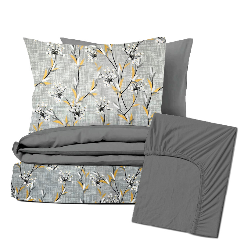 Ervi Zvýhodněná Sada Bavlněného DUO povlečení s Prostěradlem - luční květiny/šedé