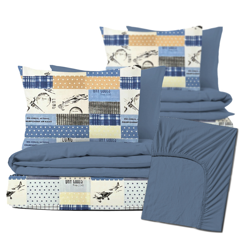 Ervi Zvýhodněná Sada Bavlněného DUO povlečení s Prostěradlem - Air races blue/modré