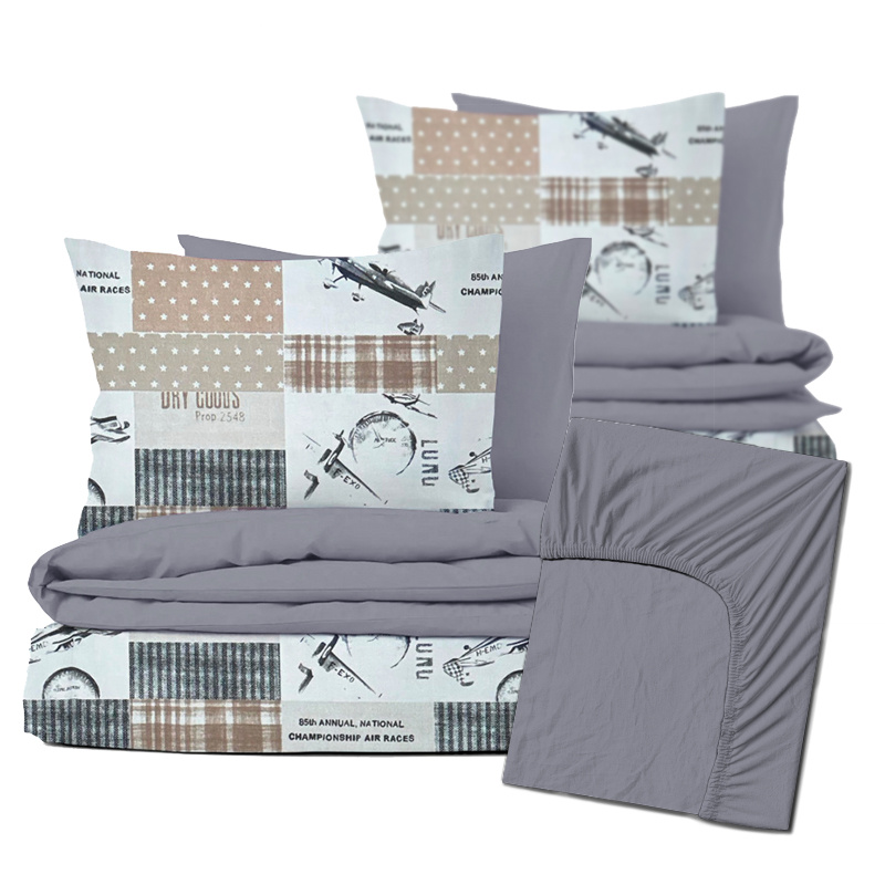 Ervi Zvýhodněná Sada Bavlněného DUO povlečení s Prostěradlem - Air races beige/šedé