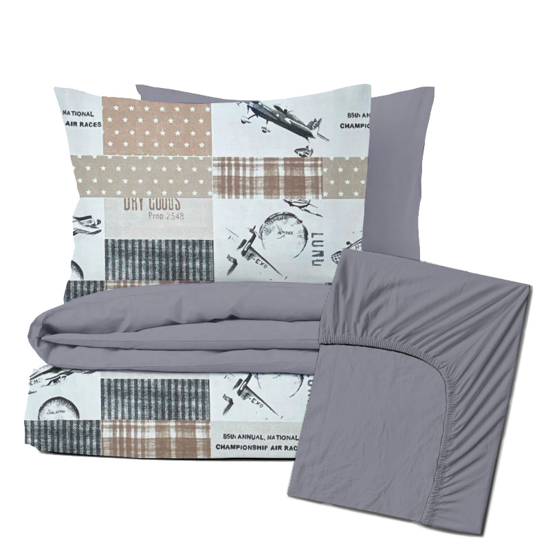 Ervi Zvýhodněná Sada Bavlněného DUO povlečení s Prostěradlem - Air races beige/šedé