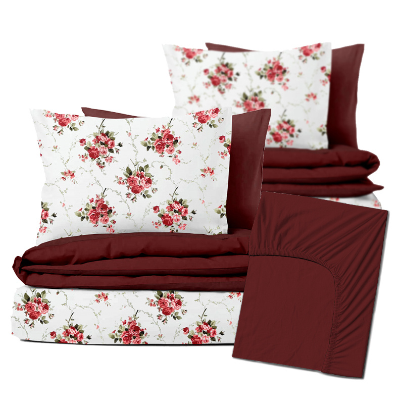 Ervi Sada Bavlněného DUO povlečení s Prostěradlem  - červené růže/bordo
