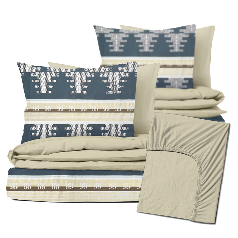 Ervi Zvýhodněná Sada Bavlněného DUO povlečení s Prostěradlem  - Nordic modrý/béžové