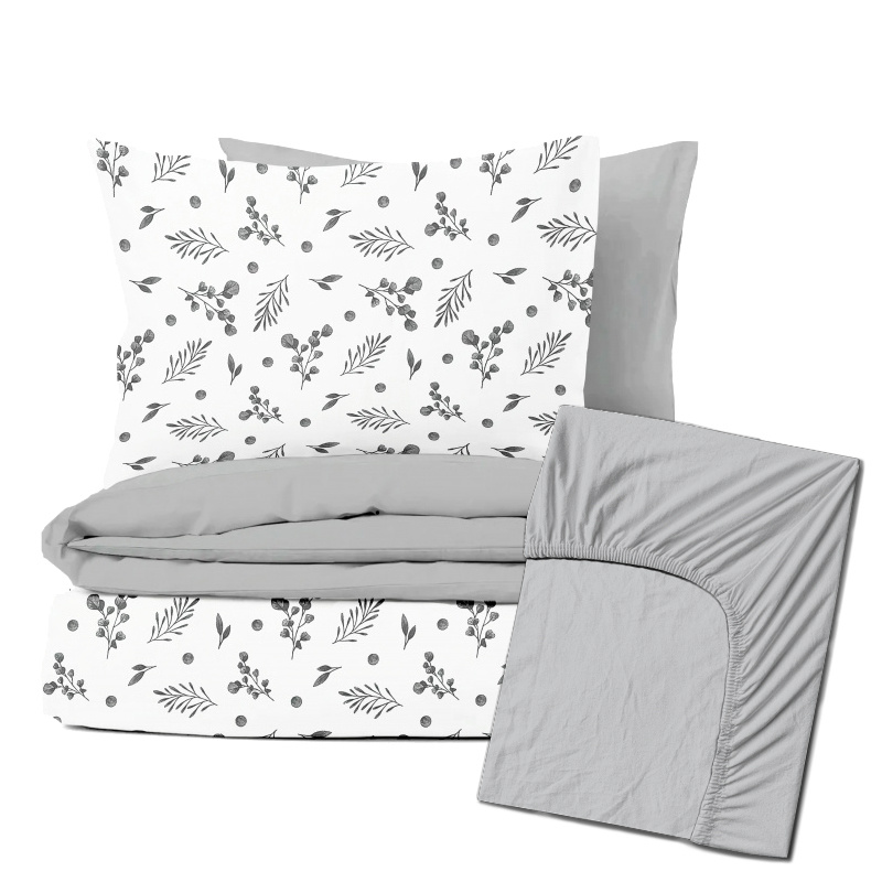 Ervi Zvýhodněná Sada Bavlněného DUO povlečení s Prostěradlem - eukalyptové šedý lístky/šedé