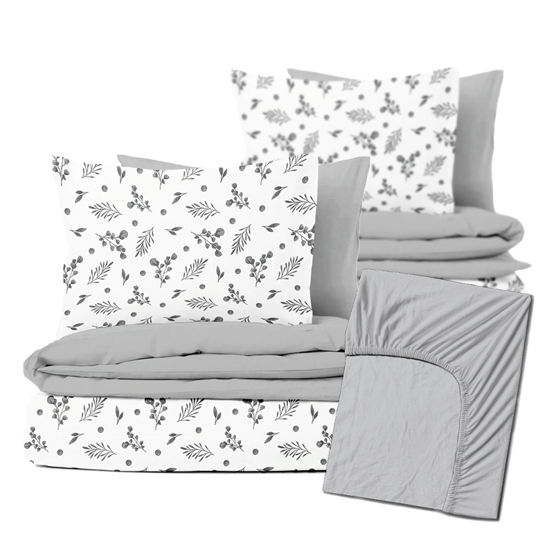 Ervi Zvýhodněná Sada Bavlněného DUO povlečení s Prostěradlem - eukalyptové šedý lístky/šedé