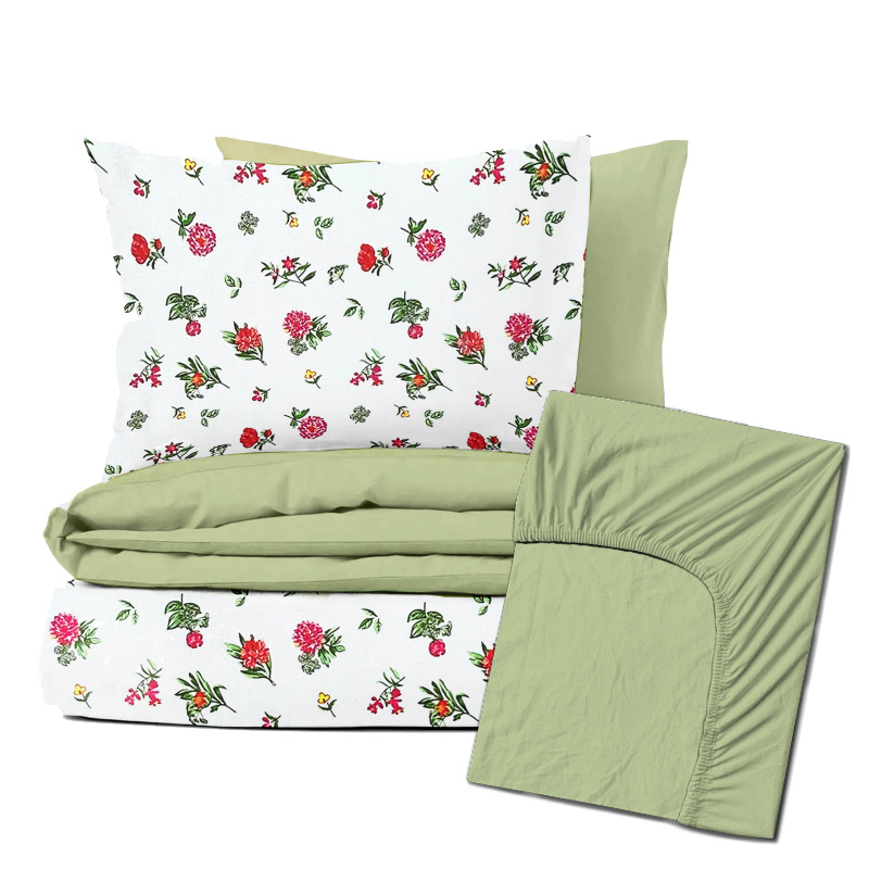 Ervi Zvýhodněná Sada Bavlněného DUO povlečení s Prostěradlem - Jetele na bílém/světle olivové