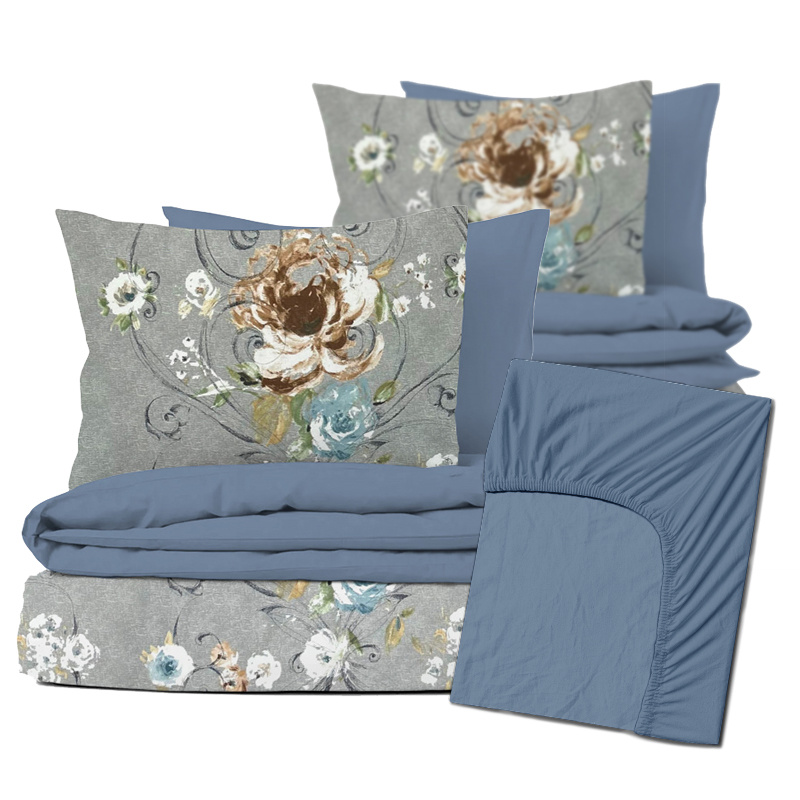 Ervi Zvýhodněná Sada Bavlněného DUO povlečení s Prostěradlem - Akvarel růže/modré