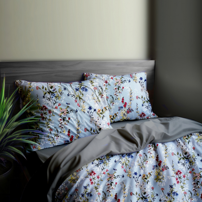 #Ervi bavlněné povlečení oboustranné - malované luční květiny na modrém/šedé 200x220cm