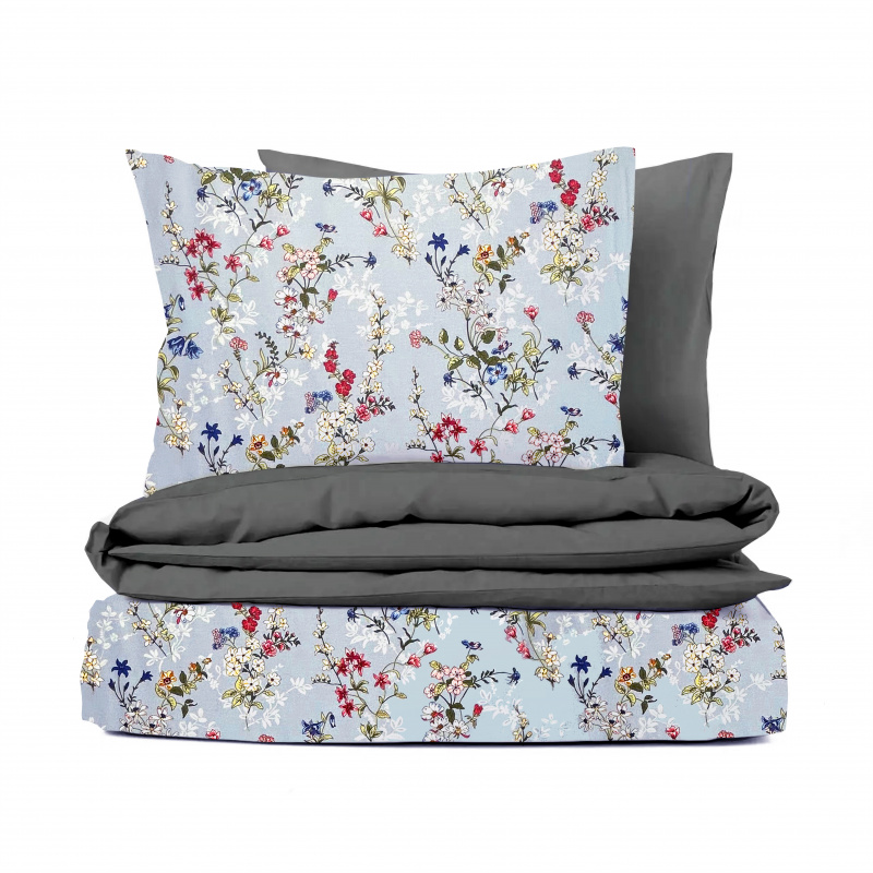 #Ervi bavlněné povlečení oboustranné - malované luční květiny na modrém/šedé 200x220cm