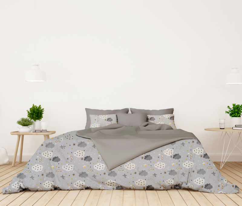 #Ervi bavlněné povlečení oboustranné -  hvězdy a mračky/šedé 100x135 cm