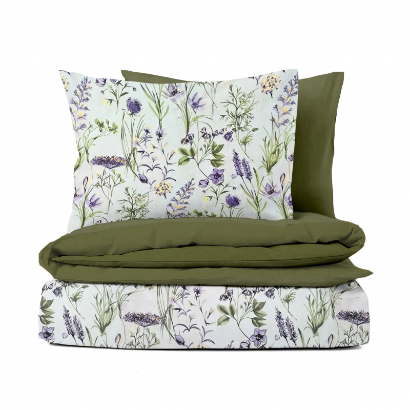 Ervi Bavlněné povlečení oboustranné - fialová letní louka/olivové