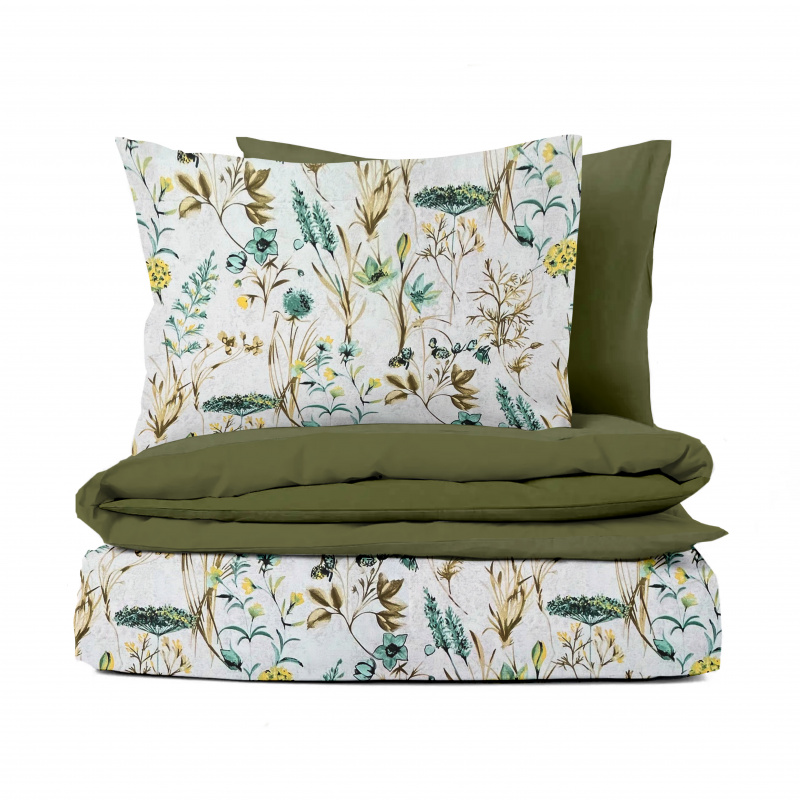 Ervi Bavlněné povlečení oboustranné - tyrkysová letní louka/olivové